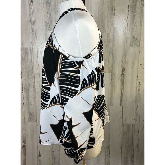 Chico’s Size 1 (US M) Off-Shoulder Long-Sleeve Top Black White Leaf - Picture 3 of 9